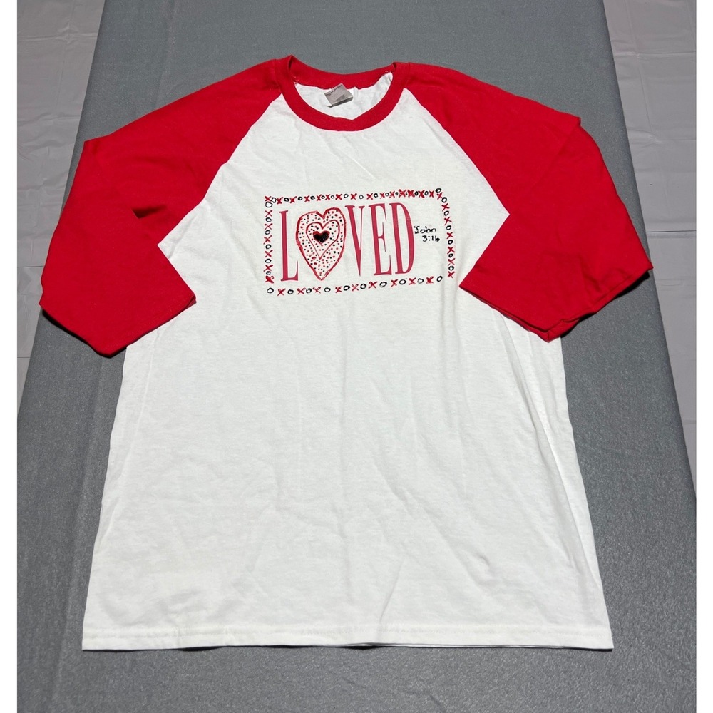 New Gildan Heavy Cotton LOVED John 3:16 Raglan Baseball Tee White Red Medium